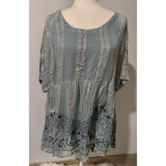 Raga Anthropologie embroidered Embellished beaded boho baby doll top L - Picture 8 of 9